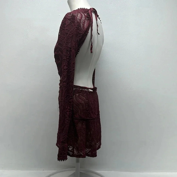 For Love And Lemons Emerie Cut Out Dress Mini Lace Long Sleeve Merlot Red Medium - Picture 7 of 12